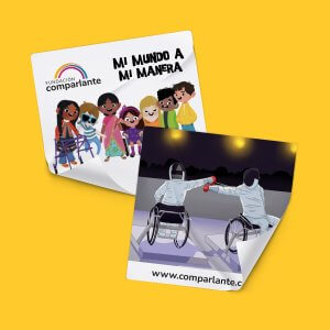 Imagen ilustrativa de los stickers con los personajes del programa Mi Mundo a Mi Manera y Accesibilidad Activa. Incluye una línea de stickers con el logo de Fundación Comparlante.